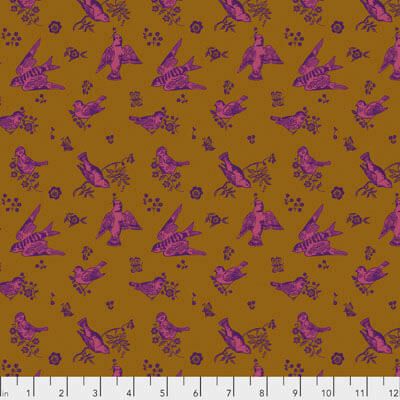 Free Spirit Designers Fabric: Birds and Love Gold (per 1/4 metre)