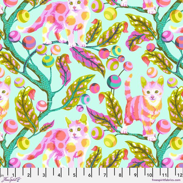 Tabby Road Deja Vu fabric: Disco Kitty, Technomint