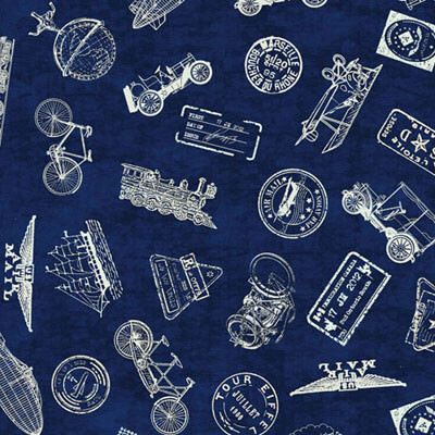 Wanderlust Fabric: Tossed Transport on Blue (per 1/4 metre)