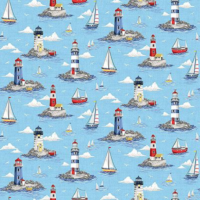 Nautical Fabric: Lighthouses Sky (per 1/4 metre)