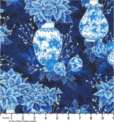 Holiday Flourish, Festive Finery fabric: Poinsettias, Vases & Baubles, Navy