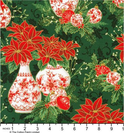 Holiday Flourish, Festive Finery fabric: Poinsettias, Vases & Baubles, Pine