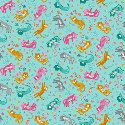 Whiskers Fabric Makower Playful Cats Teal