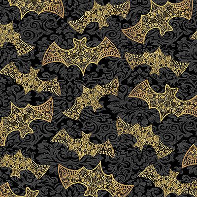 Mystery Manor Halloween fabric: Gold Bats Black (per 1/4 metre)