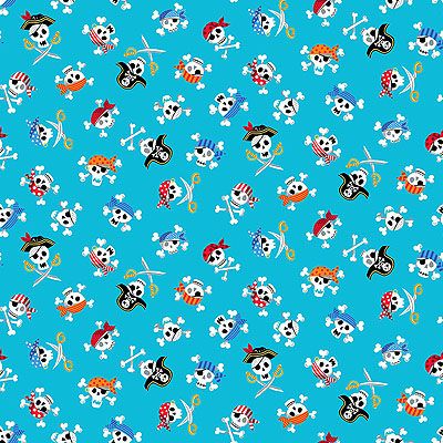 Pirates fabric: Skulls Aqua (per 1/4 metre)