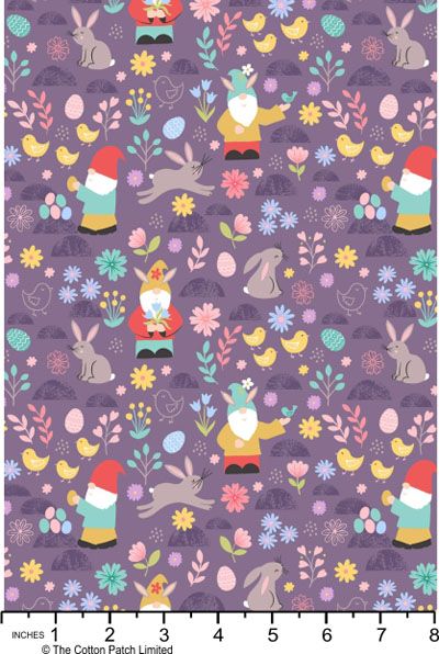 Spring Treats Fabric: Bunnies and Gnomes Purple (per 1/4 metre)