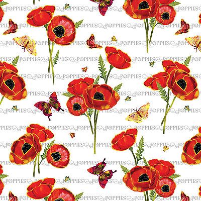 Poppy Days Fabric: Poppies & Butterflies White (per 1/4 metre)