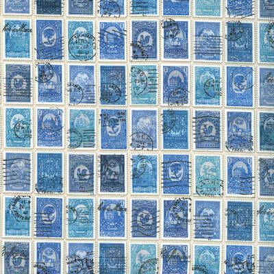 Flea Market Fresh Fabric: Stamps Blue (per 1/4 metre)