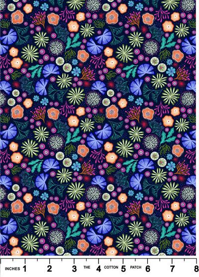 Ocean Glow Fabric Corals on Dark Blue (Glow in the Dark) Lewis and Irene