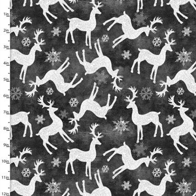 French Countryside Christmas Fabric Tossed Reindeer Charcoal (per 1/4 metre)