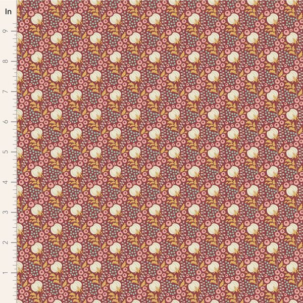 Tilda Sanctuary fabric: Rhubarb and Caramel, Cotton Field Maroon