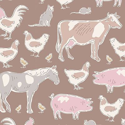 Tilda Tiny Farm Fabric: Farm Animals Brown (per 1/4 metre)