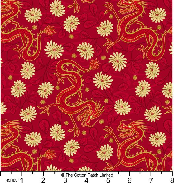 Year of the Dragon fabric: Dragon on Red, Gold Metallic