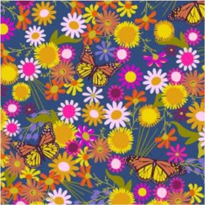 Alison Glass Fabric Monarchs and Flowers  Blue (per 1/4 metre)