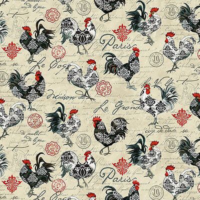 Le Poulet Fabric: Roosters Cream (per 1/4 metre)