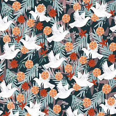 Spice Fabric: Doves & Oranges Indigo (per 1/4 metre)