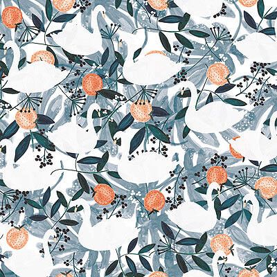 Spice Fabric: White Swans & Oranges Blue (per 1/4 metre)