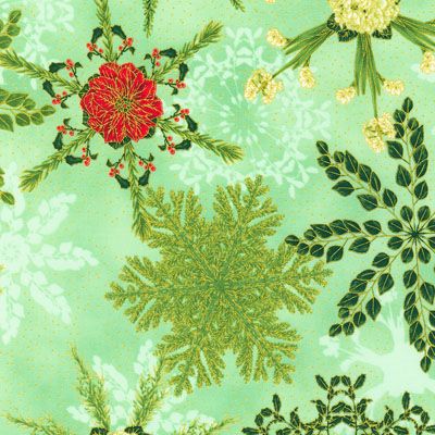 Holiday Flourish Snow Flower fabric Snowflake Leaves Mint (per 1/4 metre)