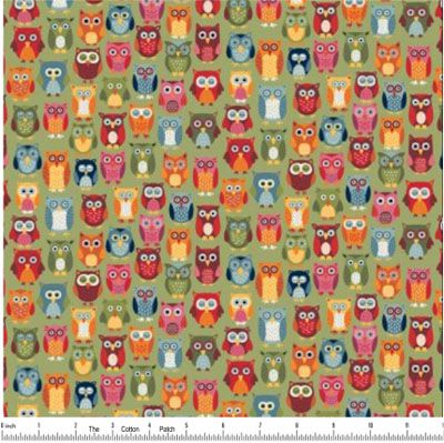 Autumn Days Fabric Owls Green (per 1/4 metre)