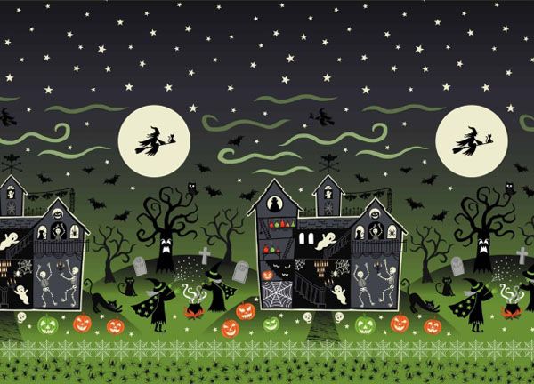 Haunted House Fabric: Glow in the Dark Double edge Border, green