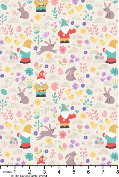 Spring Treats Fabric: Bunnies and Gnomes White