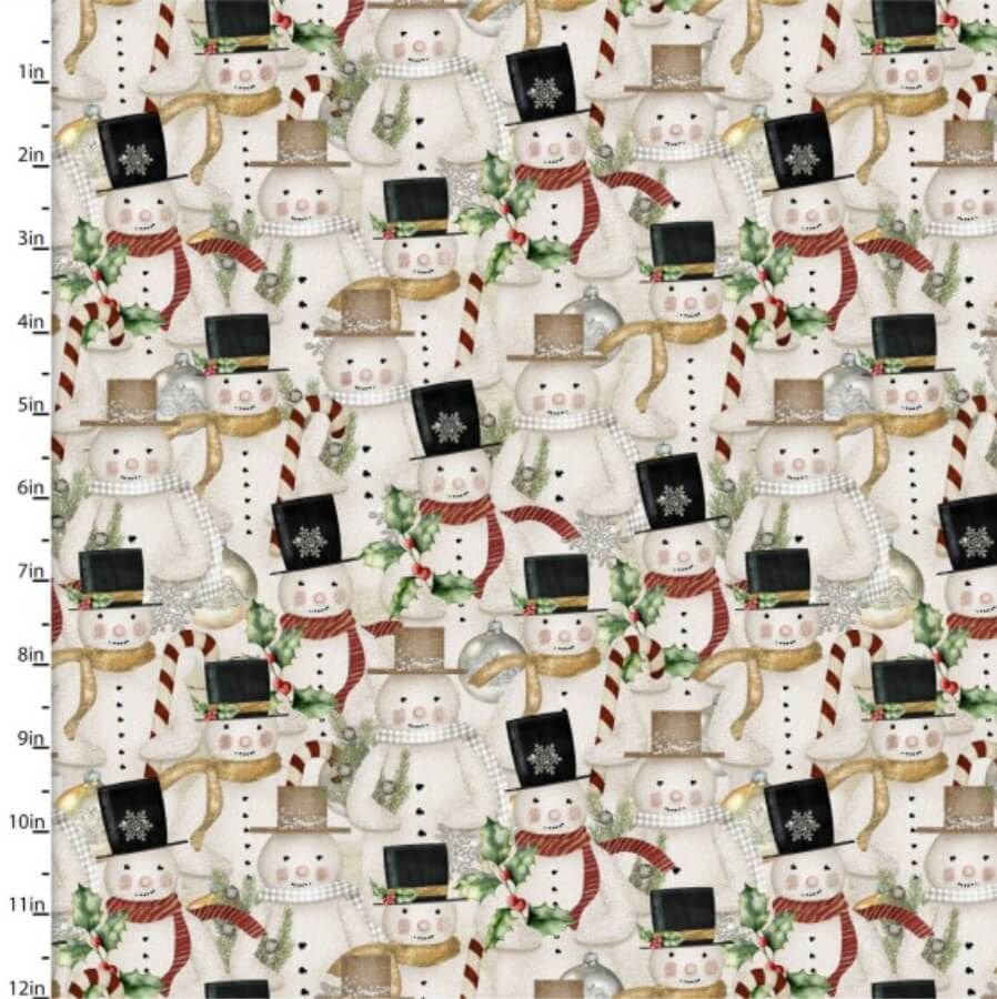 French Countryside Christmas Fabric Packed Snowmen (per 1/4 metre)