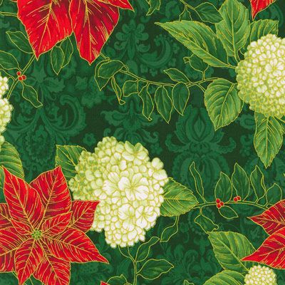 Holiday Flourish Snow Flower fabric Flowers Evergreen (per 1/4 metre)