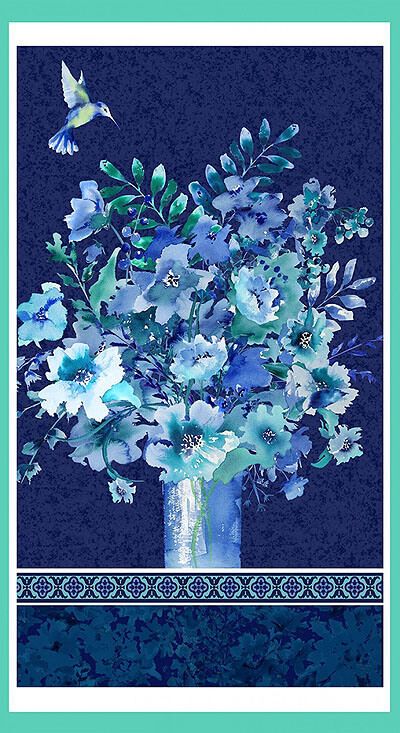 Midnight Sapphire Fabric: Vase Bouquet 24' Panel