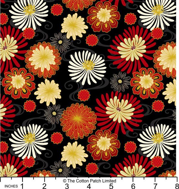 Year of the Dragon fabric: Black & Red Floral, Gold Metallic