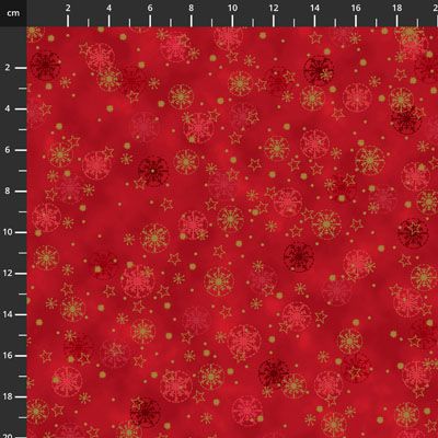 Christmas Wonders fabric: Gold Star and Snowflake on Red (per 1/4 metre)