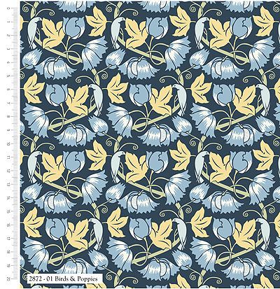 V&A Birds in Nature fabric: Birds and Poppies Navy (per 1/4 metre)