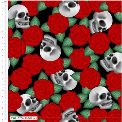 Gothic Halloween Fabric Skulls & Roses (per 1/4 metre)