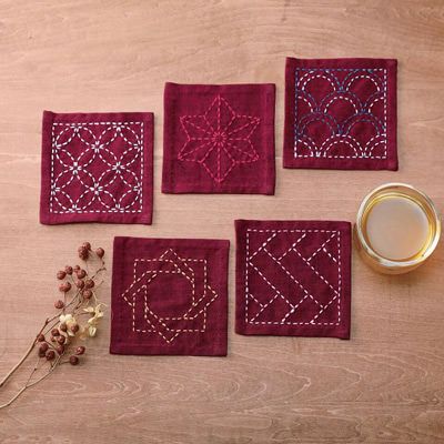 Sashiko Sampler Coasters Deep Red