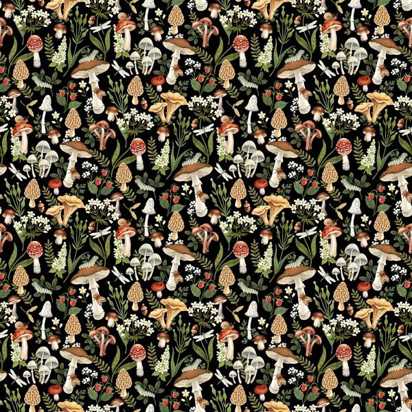 Wild Harvest fabric: Fungi and Leaves, Dark