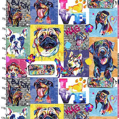 Dogs in the City fabric: Pup Patch Multi (per 1/4 metre)