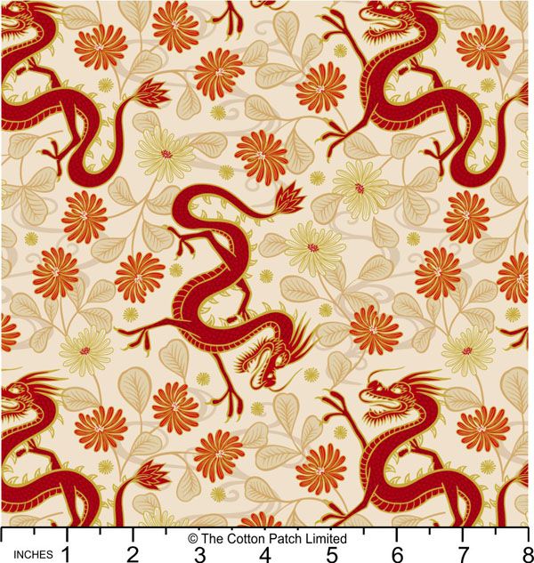 Year of the Dragon fabric: Dragon on Cream, Gold Metallic