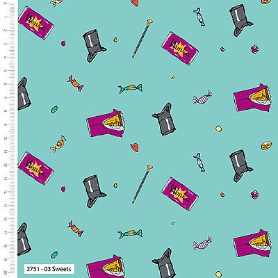 Charlie & the Chocolate Factory Fabric: Sweets & Top Hats Aqua