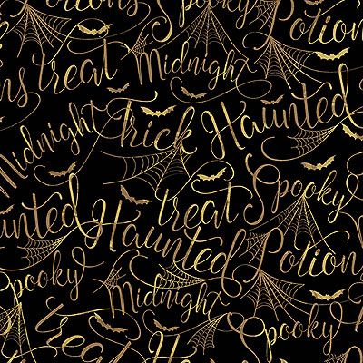 Mystery Manor Halloween fabric: Cryptic Script Black (per 1/4 metre)