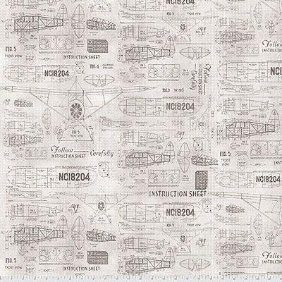 Eclectic Elements Monochrome fabric: Model Airplanes Parchment (per 1/4 metre)