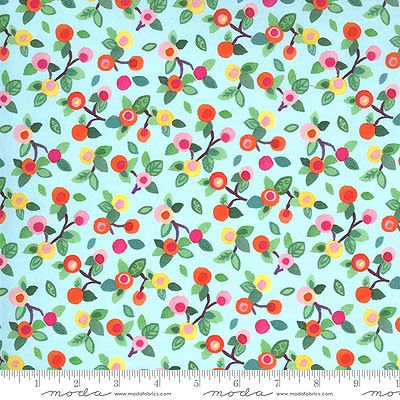 Fanciful Forest fabric: Flower Blossoms Aqua (per 1/4 metre)