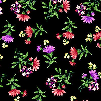 Floral Fabric: Bright Blooms Black (per 1/4 metre)