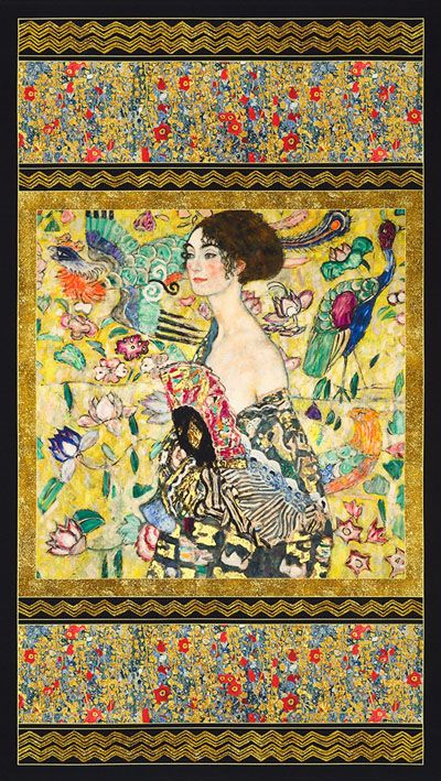 Gustav Klimt fabric: Lady with Fan, Gold 58 x 107cm Panel