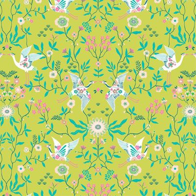 Blossom Days Fabric: Cranes on Lime (per 1/4 metre)