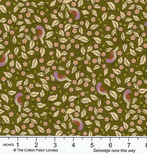 Isabella fabric: Arts and Crafts Birds on Forest Green