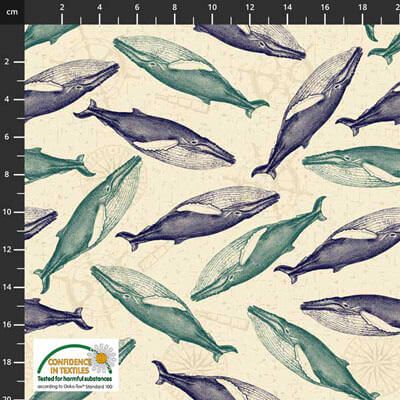 My Seven Seas Fabric: Blue Whales Sand (per 1/4 metre)