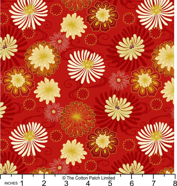 Year of the Dragon fabric: Red Floral, Gold Metallic