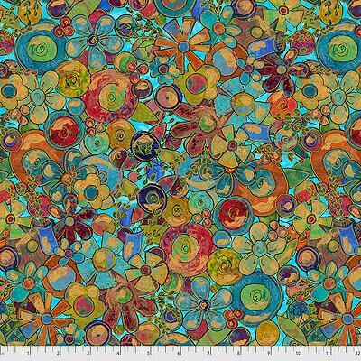 Sue Penn Flourish fabric: Blossoms Teal (per 1/4 metre)