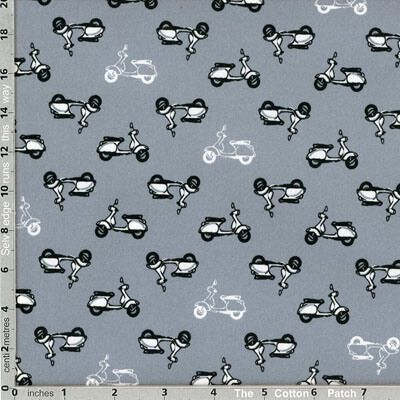 Sevenberry Prints Fabric: Mopeds Grey (per 1/4 metre)