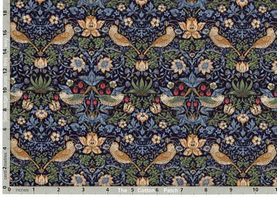 William Morris Kelmscott Fabric: Mini Strawberry Thief Navy (per 1/4 metre)