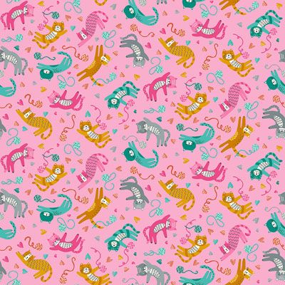 Whiskers Fabric Makower Playful Cats Pink